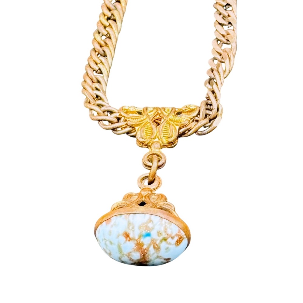 Vintage Victorian WATCH Fob Bracelet Blue Gold Filled Art Glass Brass Filigree
